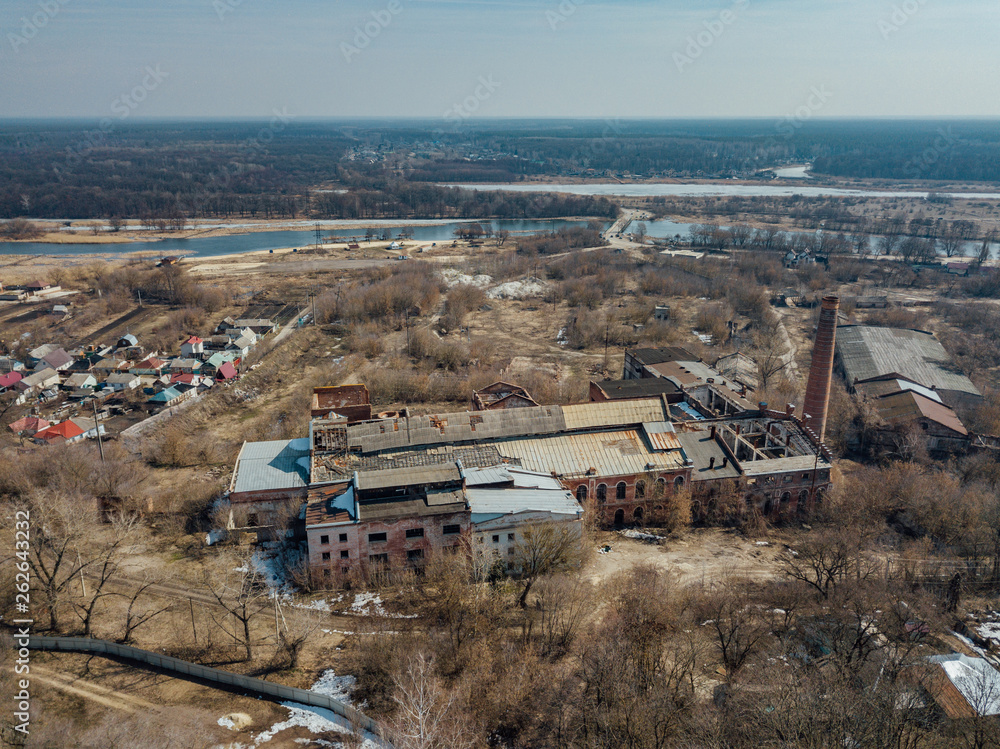Ruined abandoned factory, aerial view