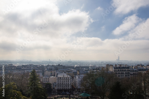 Morning bird's-eye view of Paris in the fog