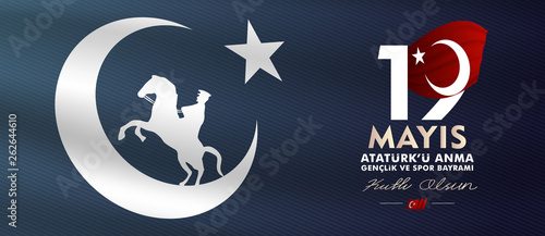 19 may, Commemoration of Atatürk, Youth and Sports Day, (19 mayıs, Atatürk'ü anma gençlik ve spor bayramı.) vector illustration.	