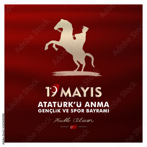 19 may, Commemoration of Atatürk, Youth and Sports Day, (19 mayıs, Atatürk'ü anma gençlik ve spor bayramı.) vector illustration.	