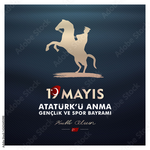 19 may, Commemoration of Atatürk, Youth and Sports Day, (19 mayıs, Atatürk'ü anma gençlik ve spor bayramı.) vector illustration.	