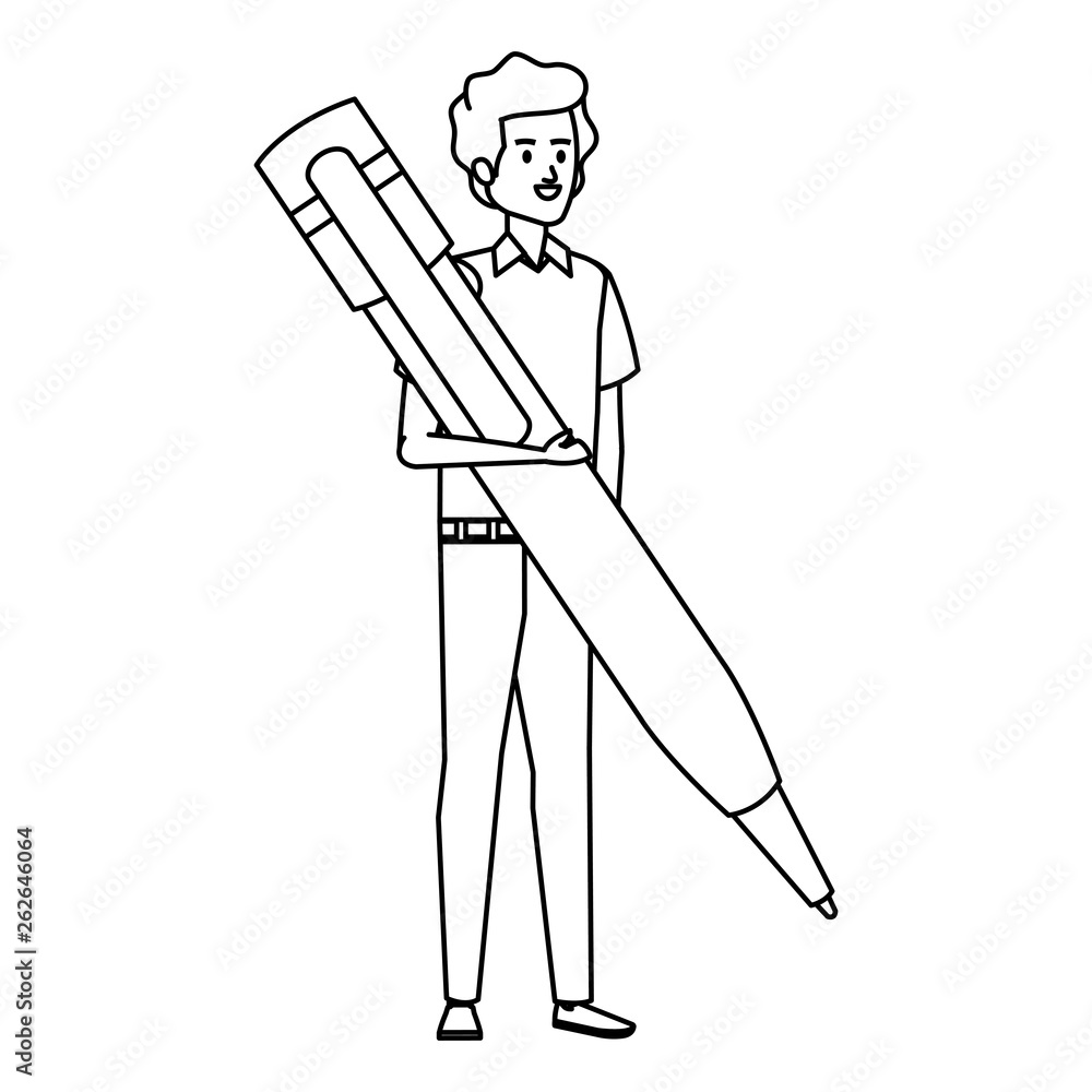 young teacher male with big pen character young teacher male with big pen character
