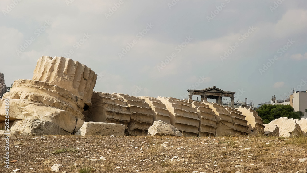fallen column in the temple of zeus ruins athens