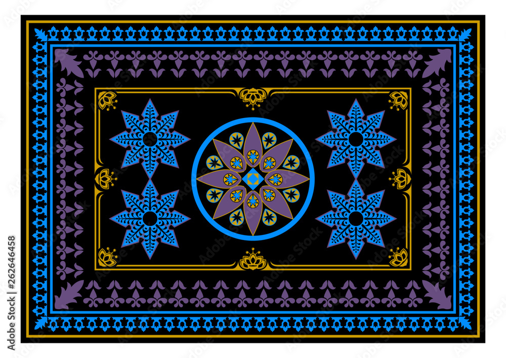 Carpet with blue and yellow colors. The Eastern rectangular rug with different patterns and frames Carpet with blue and yellow colors. The Eastern rectangular rug with different patterns and frames
