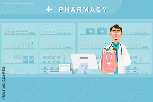 pharmacy with doctor and nurse in counter