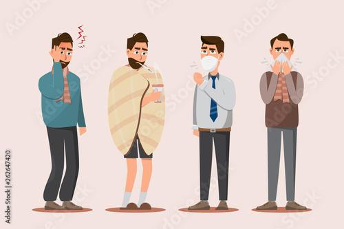 Set of sick people feeling unwell, headache, having cold, seasonal flu, cough and running nose.