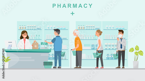 pharmacy with pharmacist  in counter and people buying medicine.