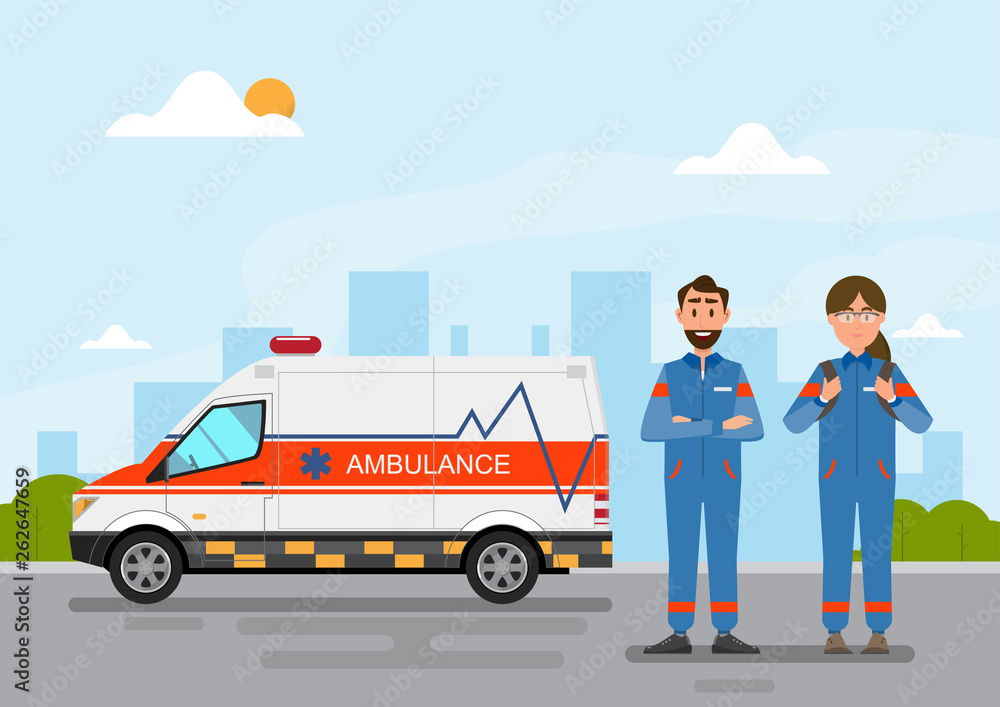 ambulance medical service carrying patient with man and woman staff ambulance medical service carrying patient with man and woman staff