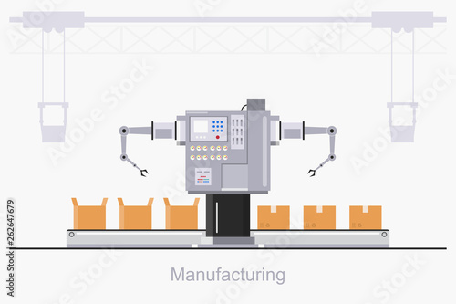 smart industrial factory in a flat style with workers, robots and assembly line packing