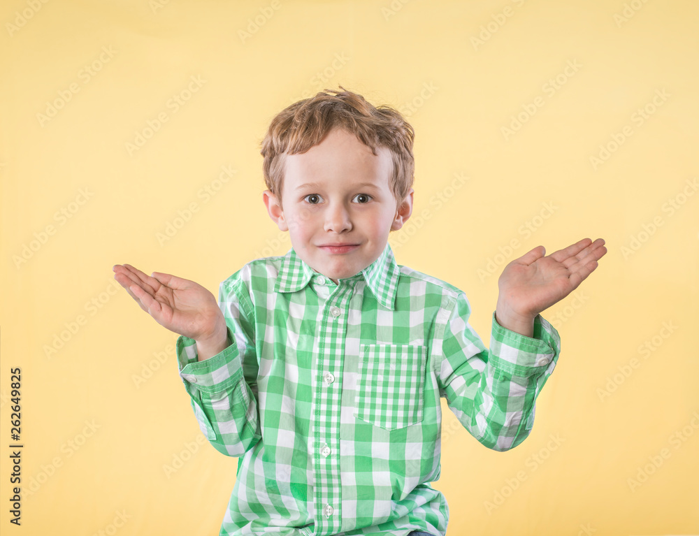 School age boy in green shirt shrugging shoulders confused expression School age boy in green shirt shrugging shoulders confused expression