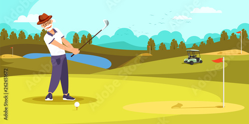 Aged Golfer Hit Long Shot on Beautiful Golf Course