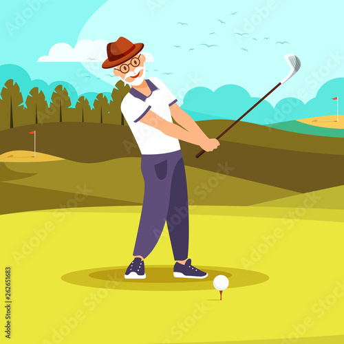 Happy Elderly Vigorous Bearded Man Playing Golf.