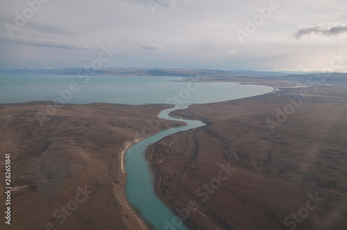 Santa Cruz River's mouth to Lago Argentino, as seen from a plane approaching El Calafate Airport, Santa Cruz, Argentina.