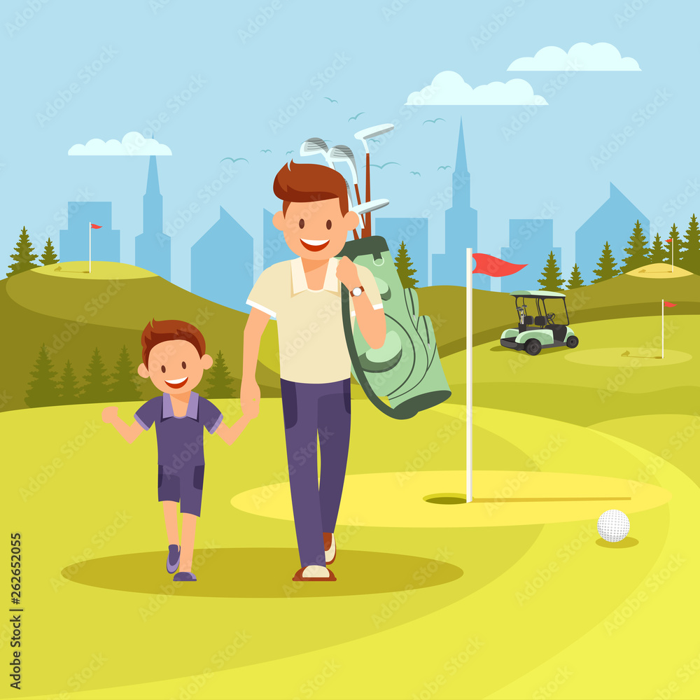 Young Man Holding Hands with Son Going Play Golf.