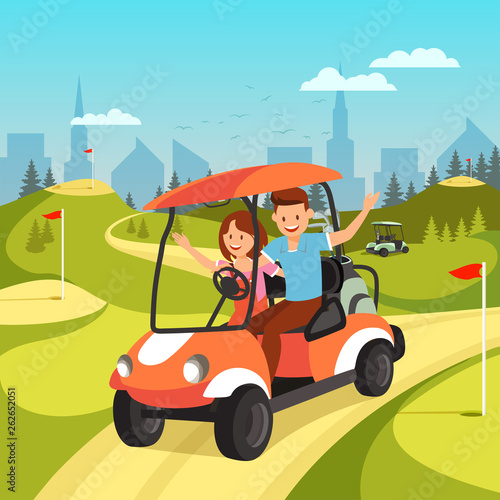 Young Couple Driving by Cart on Green Golf Course.