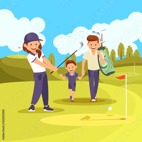 Family Golf Lesson on Green Courde at Summer Time.