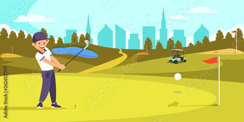 Male Golfer Lining Up Tee Shot on Golf Course.