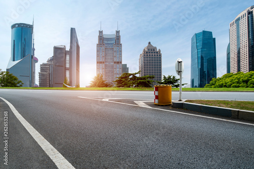 Photography Empty Asphalt Road Through Modern City of Shanghai, China..