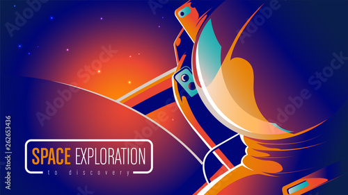 A conceptual illustration of an astronaut in space with sunlight at horizon.