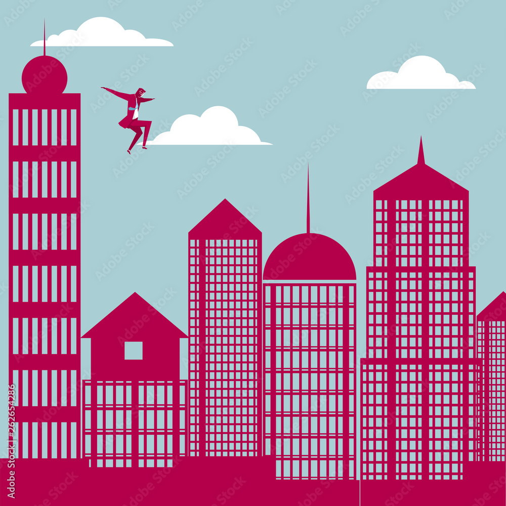 Obraz premium Businessman jumps down from the tall building. The background is blue.