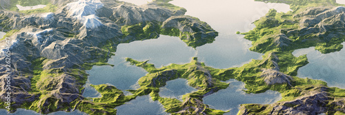 Colorful panoramic landscape: lake and mountains highlands landscape, aerial view of miniature world.  (Plane backplate, 3D rendering computer digitally generated illustration.)