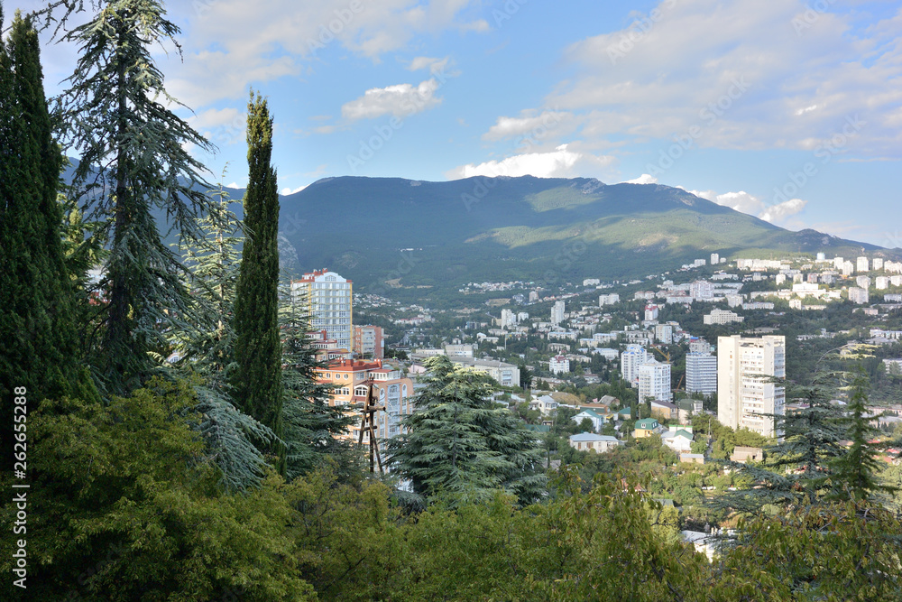 Fototapeta premium View of the city of Yalta from the cable car cabin