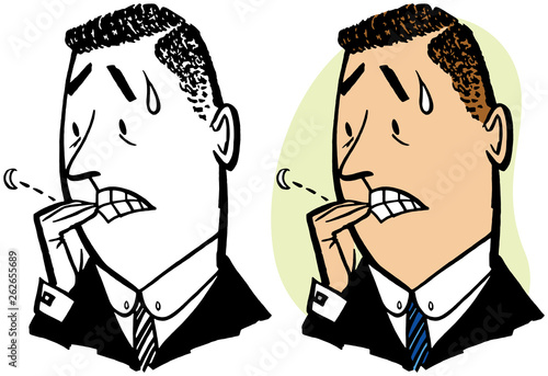 A nervous man biting his fingernails. 