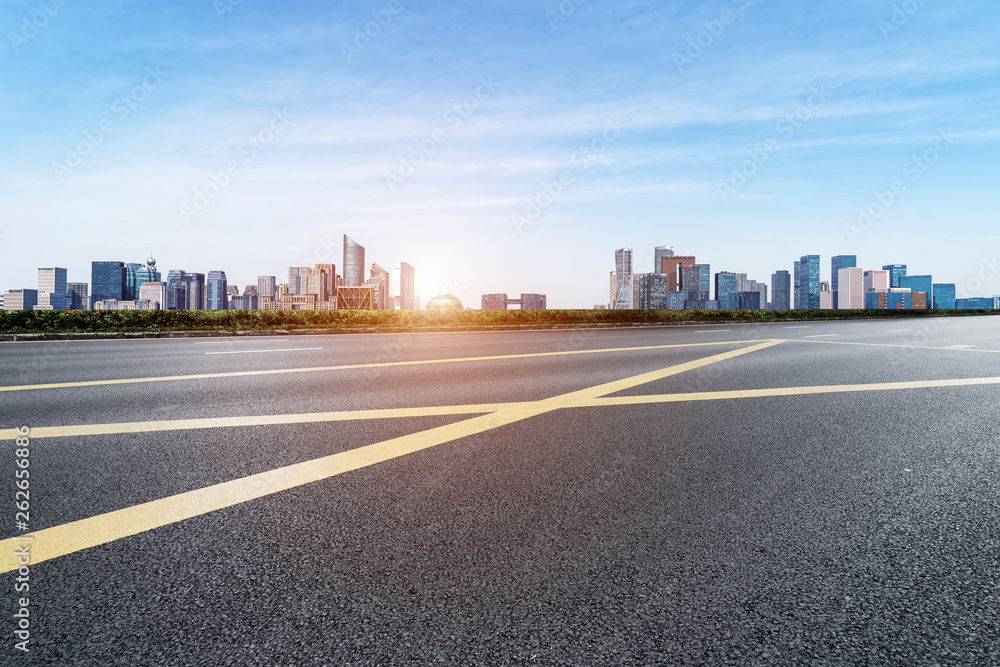 Road and skyline of urban architecture