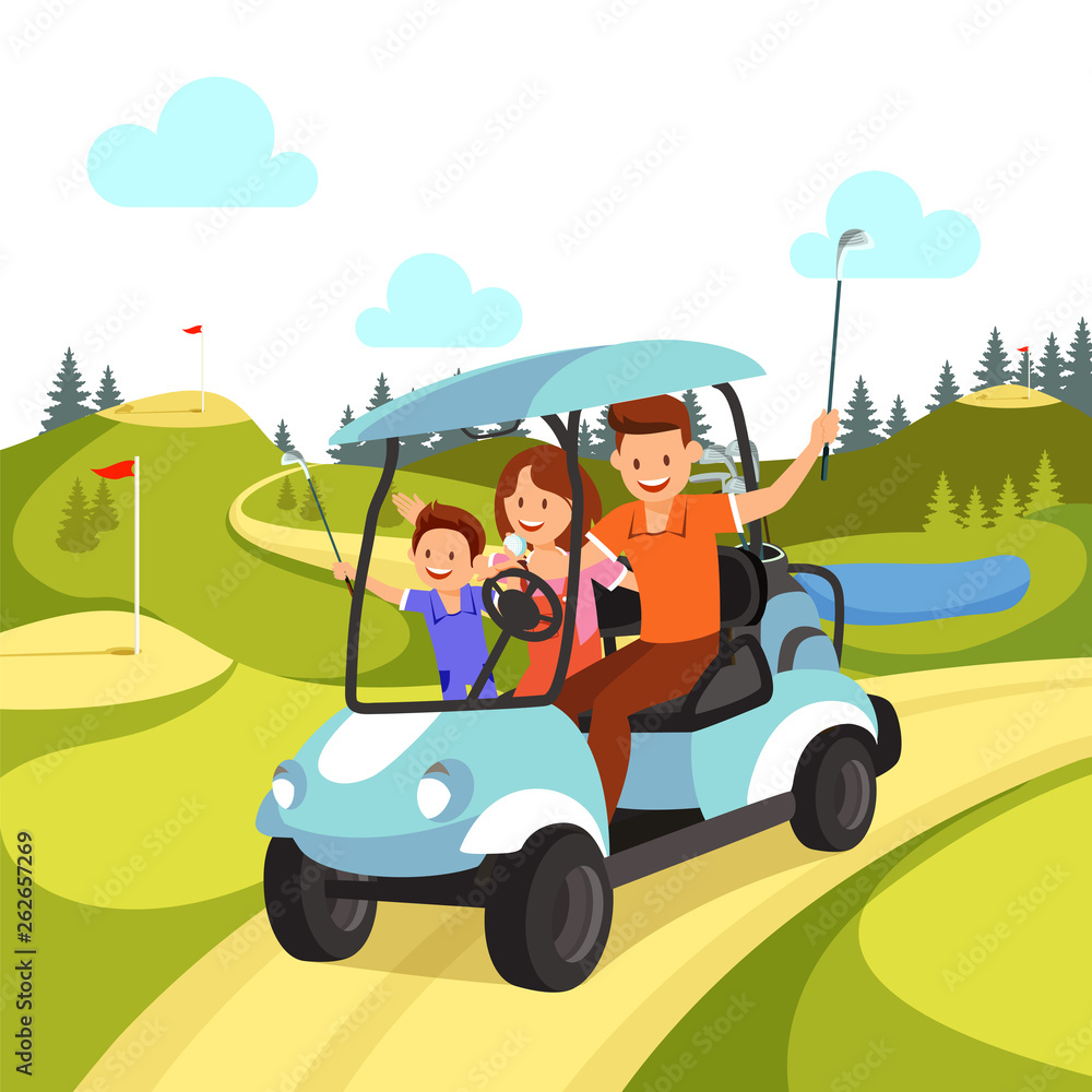 Happy Family with Golf Clubs Riding Blue Golf Cart