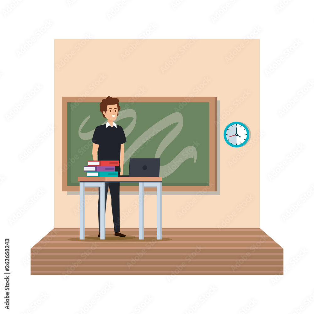 teacher in desk with laptop and books classroom scene teacher in desk with laptop and books classroom scene