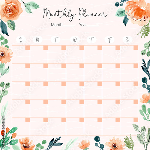 monthly planner with orange green floral watercolor frame.zip