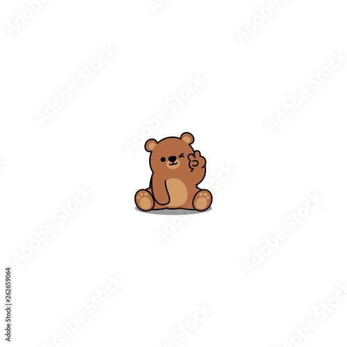Cute bear showing V sign hand and winking eye cartoon icon, vector illustration