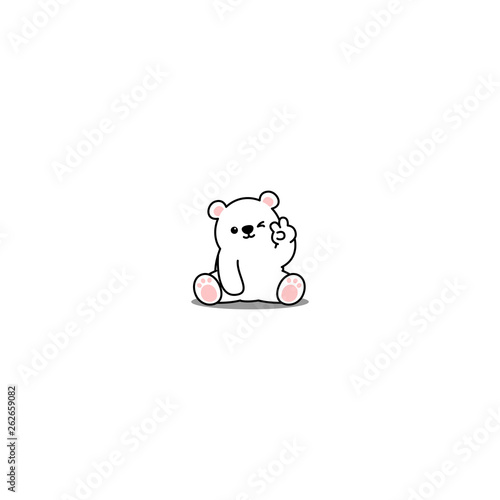 Cute polar bear showing V sign hand and winking eye cartoon icon, vector illustration