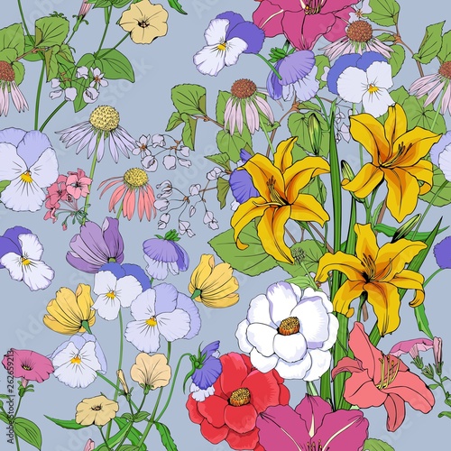 Floral background seamless vector. Lilies, pansies, geranium,Petunia, Echinacea on a romantic pattern.
