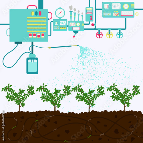 Irrigating plantation. Water treatment to irrigate agriculture. Composting process with organic matter, microorganisms and earthworms. Fallen leaves on the ground.