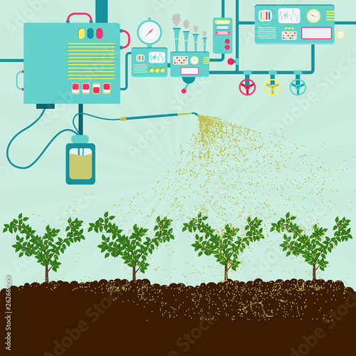 Industrial machine producing pesticides and spraying on a plantation. Contamination of soil by pesticides.