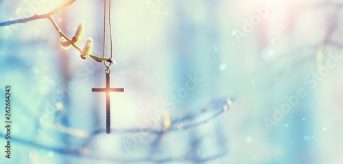 Canvas Print Spring abstract background with pussy-willow branch, christianity cross