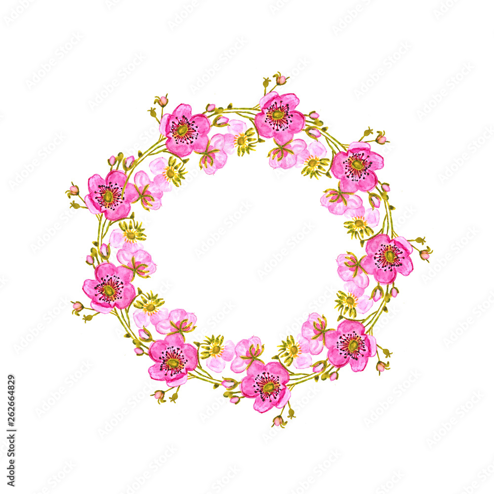 Watercolor tender spring flowers with buds in a round frame. Beautiful background for decoration