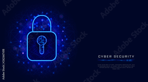 Cyber security and data protection banner template with lock symbol on abstract geometric background. Cloud technology design concept. .
