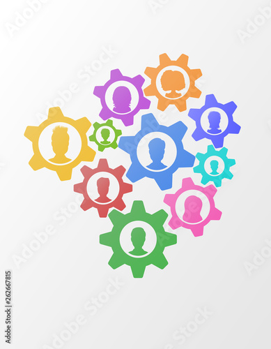 Business concept of teamwork strategy on abstract background with gears, flat style business network mechanism with people icons. Team management  illustration