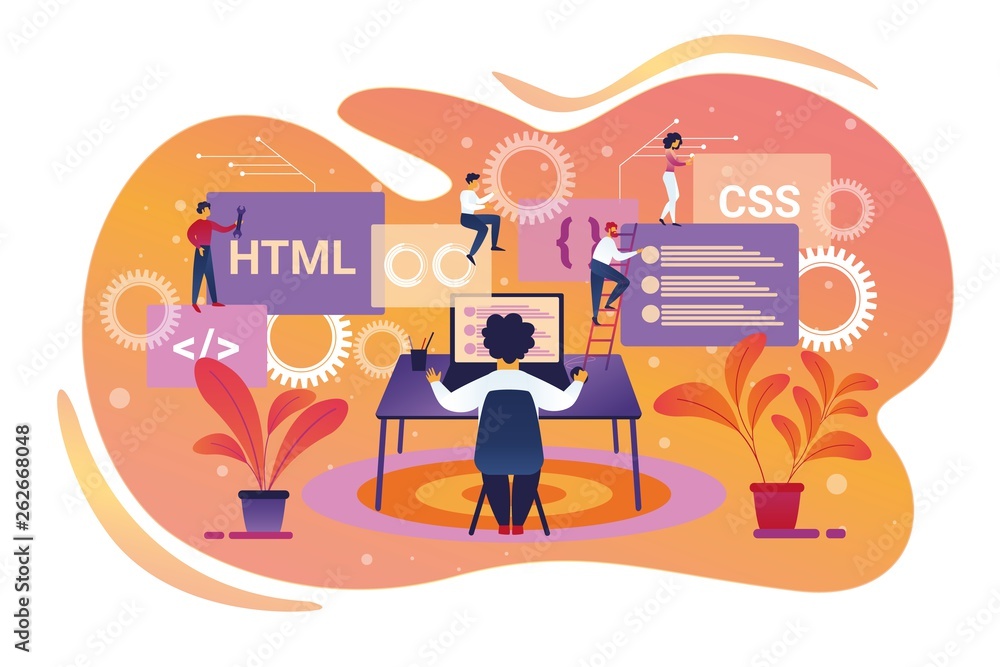 Programmer Character Working on Laptop. Teamwork Programmer Character Working on Laptop. Teamwork
