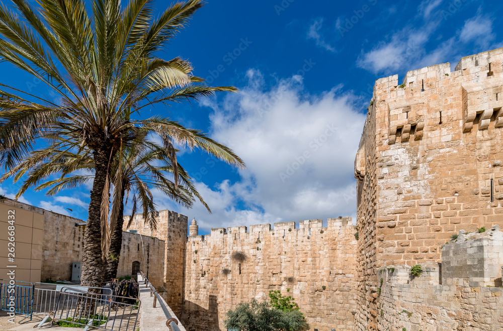 Ancient fortified wall in old Jerusalem holy city, Israel Ancient fortified wall in old Jerusalem holy city, Israel