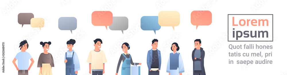 asian men women group chat bubble communication concept happy guys girls speech conversation chinese or japanese female male cartoon characters portrait flat horizontal copy space vector illustration asian men women group chat bubble communication concept happy guys girls speech conversation chinese or japanese female male cartoon characters portrait flat horizontal copy space vector illustration