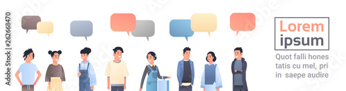 asian men women group chat bubble communication concept happy guys girls speech conversation chinese or japanese female male cartoon characters portrait flat horizontal copy space vector illustration