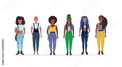 happy casual women standing together smiling african american ladies with different hairstyle female cartoon characters full length flat white background horizontal