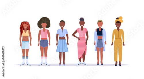 happy casual women standing together smiling african american ladies with different hairstyle female cartoon characters full length flat white background horizontal