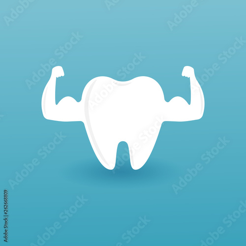 Single White and Very Strong Muscle Healthy Tooth iSolated on Blue Background. Clean and strong white tooth. Concept protection, dental, strong, treatment. Vector