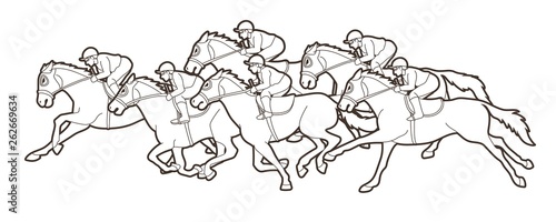 Group of Jockeys riding horse, sport competition cartoon sport graphic vector