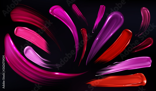 Smears of lipstick, nail polish or paint set isolated on black background. Beauty cosmetics colorful collection of brush stroke elements, abstract splash trace shapes. Realistic 3d vector illustration