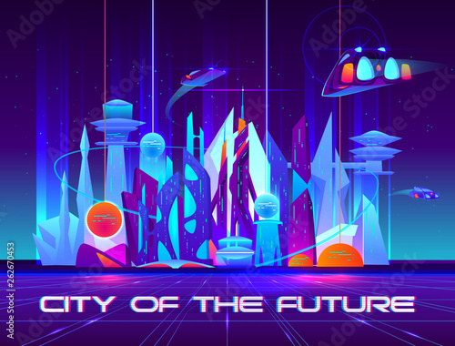 City of future at night with vibrant neon lights and shining spheres. Urban landscape with flying spaceships, Futuristic metropolis with glowing buildings and skyscrapers. Cartoon vector illustration.